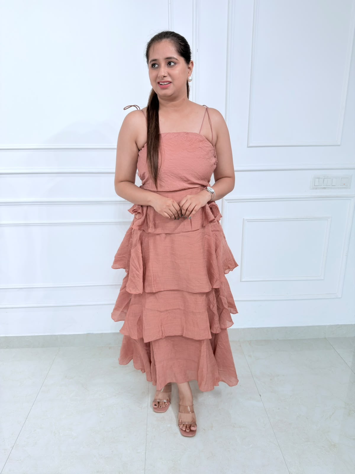 Evara | Women's Dusty Rose Sleeveless Tiered Ruffle Maxi Dress | Party & Occasion Wear