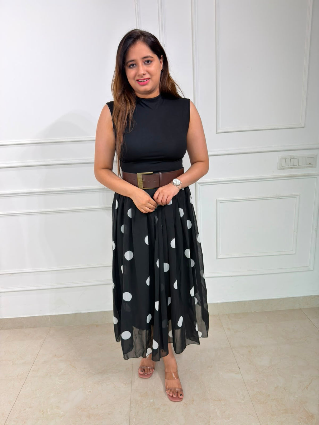 Zephyra | Women's Black Polka Dot Sleeveless Midi Dress with Belt
