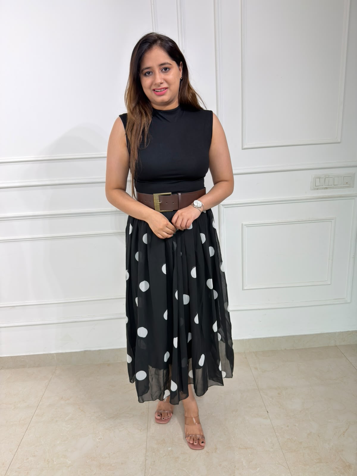 Zephyra | Women's Black Polka Dot Sleeveless Midi Dress with Belt