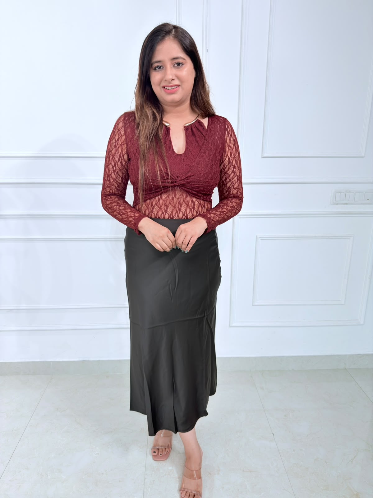 Roshni | Women's Burgundy Lace Cut-Out Crop Top