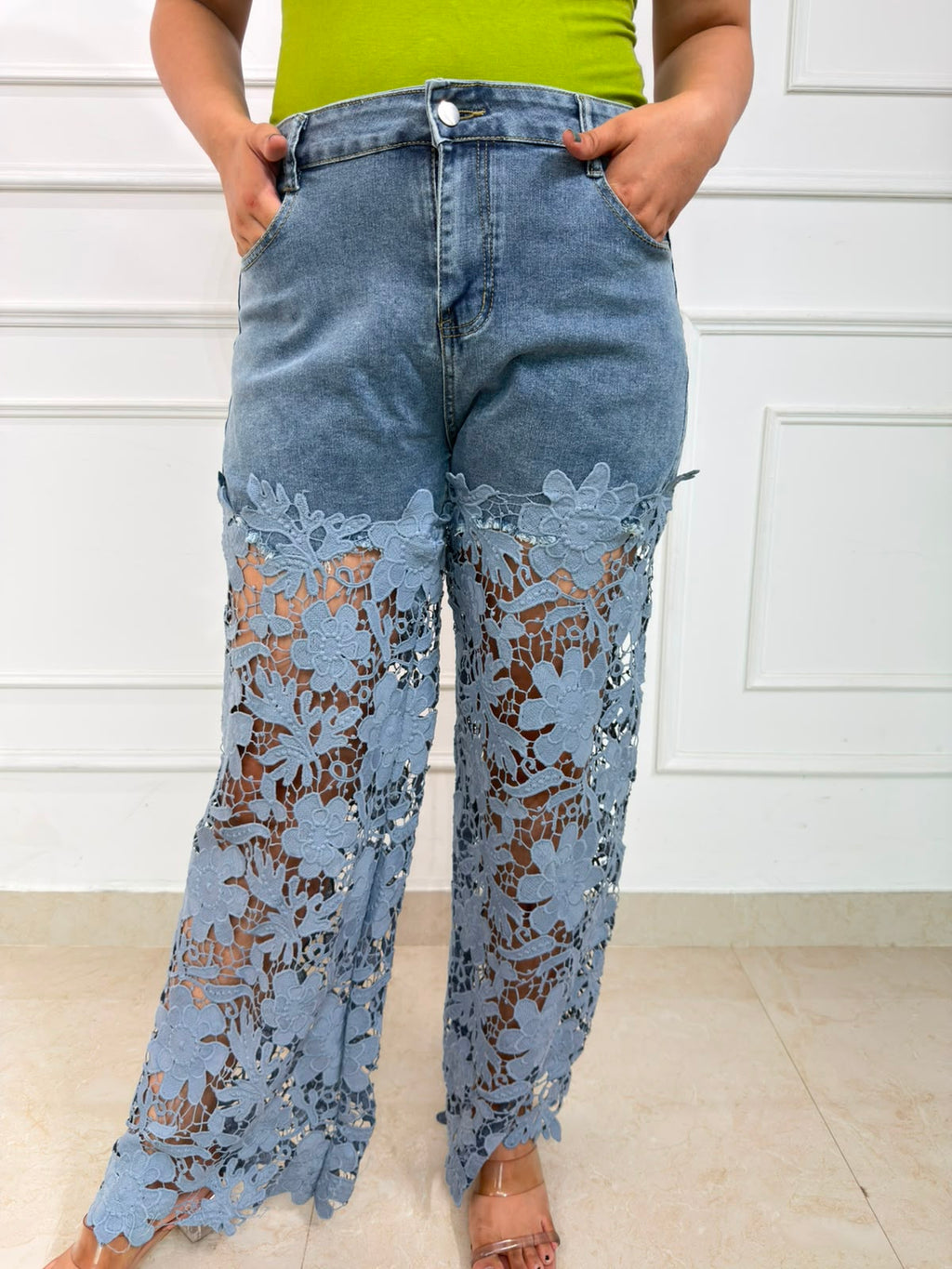 Etherea | Women's High-Waist Floral Lace Wide Leg Denim Jeans