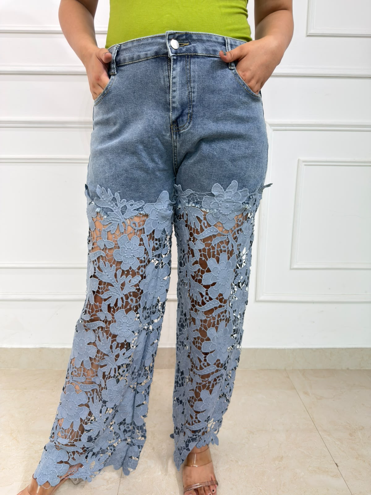Etherea | Women's High-Waist Floral Lace Wide Leg Denim Jeans