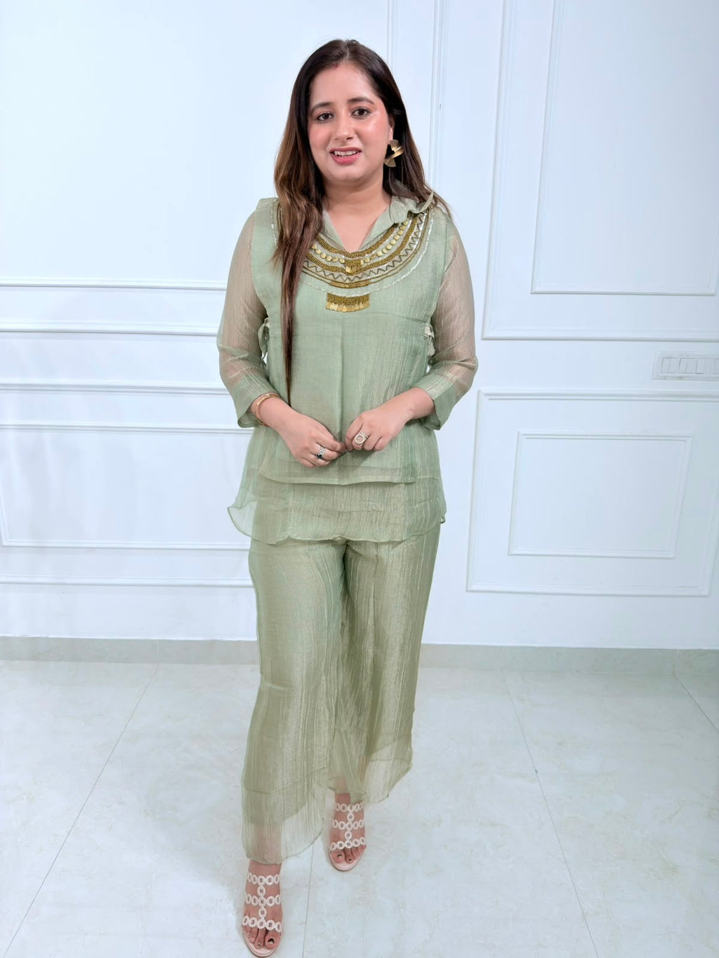Sage | Green Embellished Co-Ord Set with Sheer Layered Top