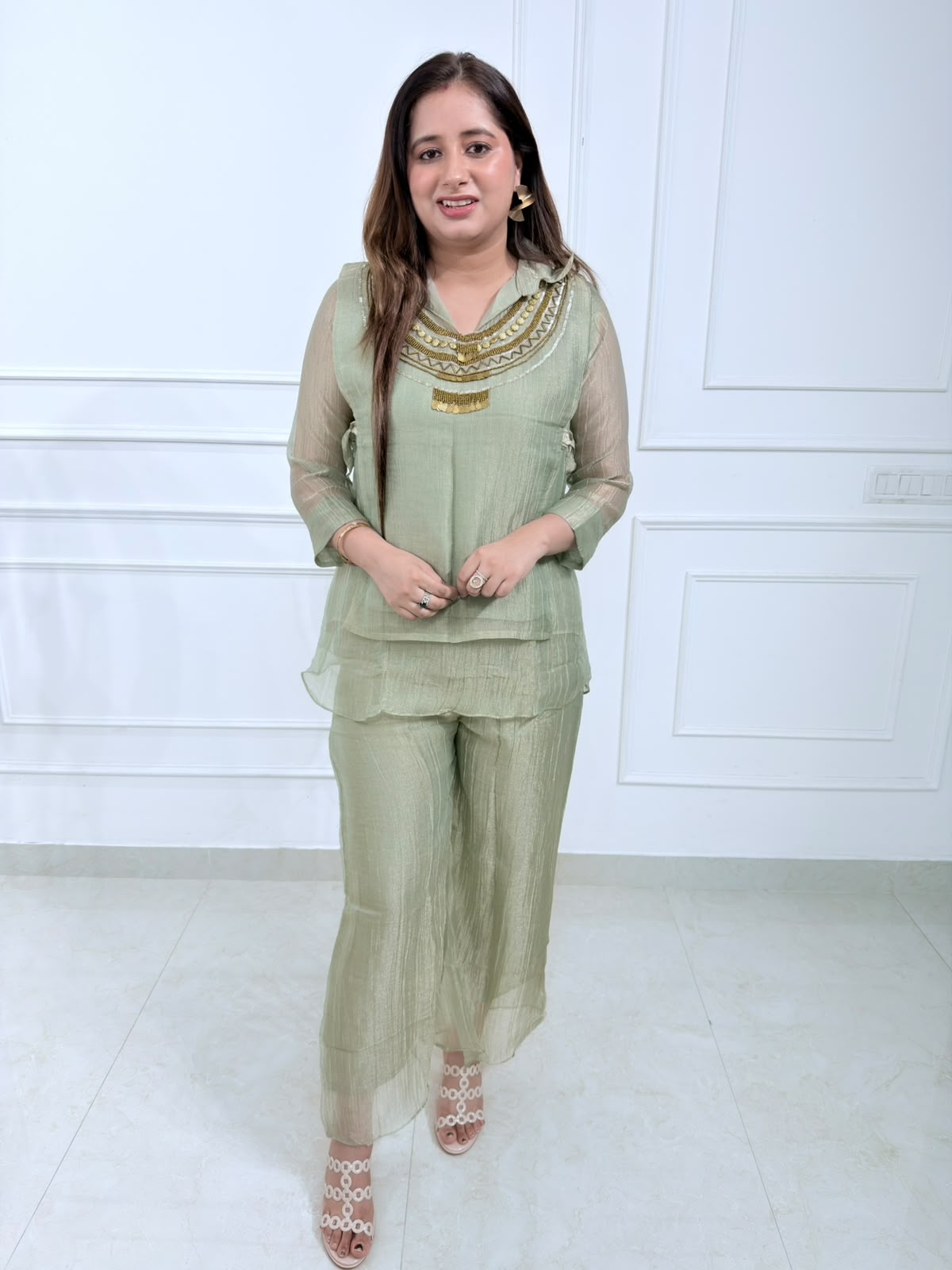 Sage | Green Embellished Co-Ord Set with Sheer Layered Top
