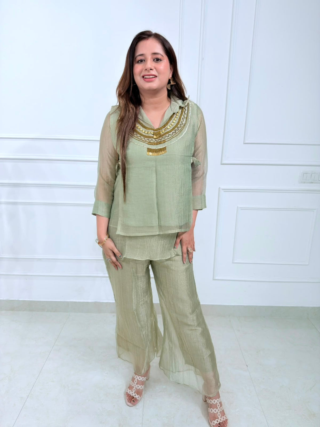 Sage | Green Embellished Co-Ord Set with Sheer Layered Top