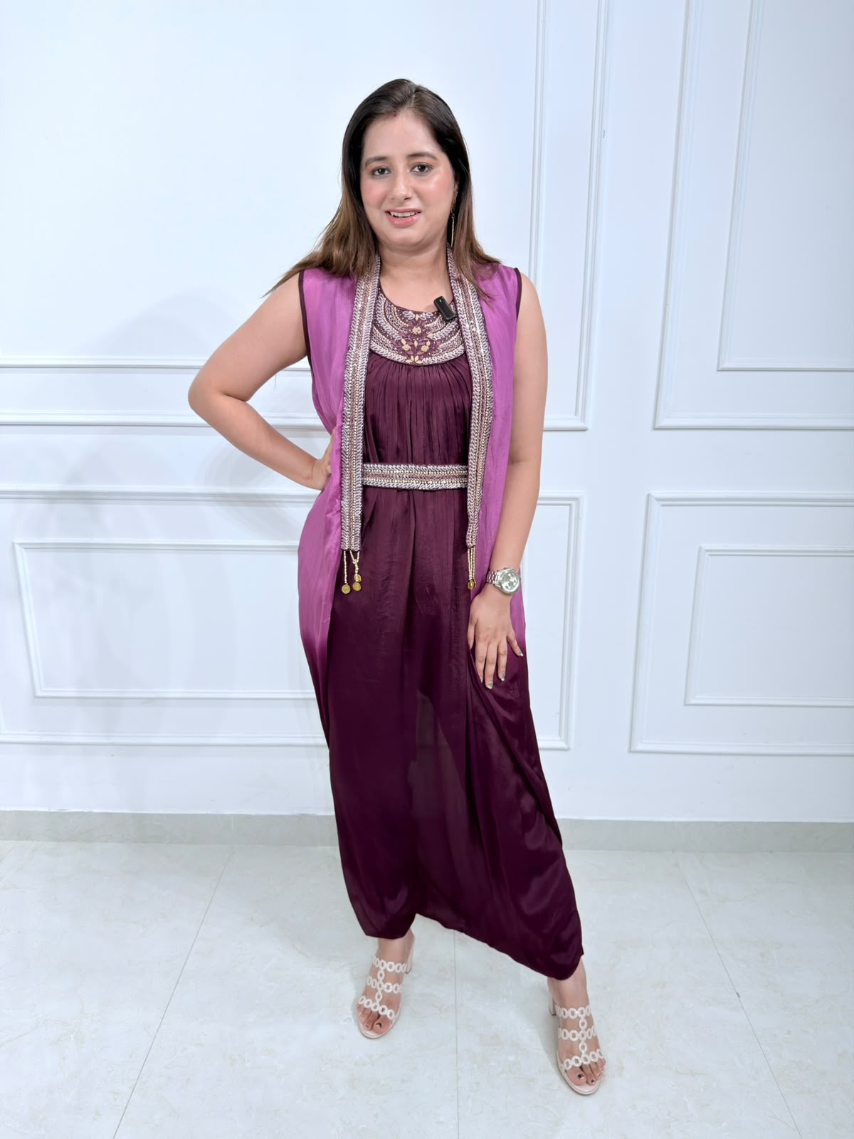 Veloura | Berry Embroidered Sleeveless Co-Ord Set with Designer Shrug | Party & Festive Wear