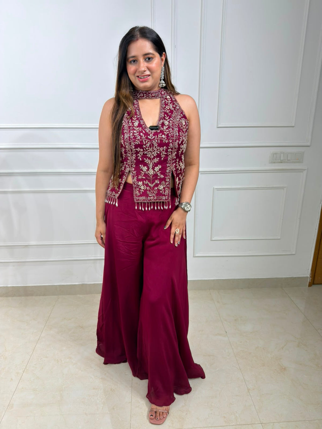 Zariya Wine Embroidered Halter Neck Co-Ord Set for Women | Festive & Party Wear