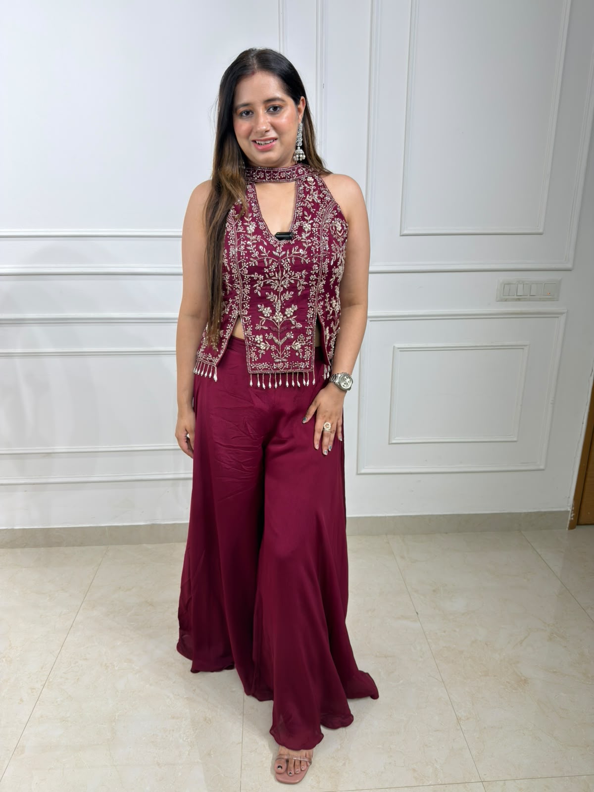 Zariya Wine Embroidered Halter Neck Co-Ord Set for Women | Festive & Party Wear