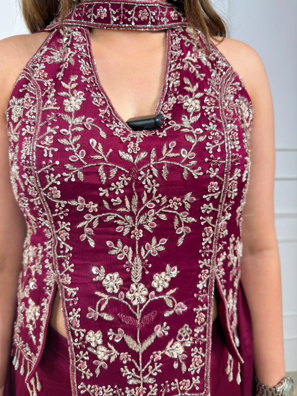 Zariya Wine Embroidered Halter Neck Co-Ord Set for Women | Festive & Party Wear
