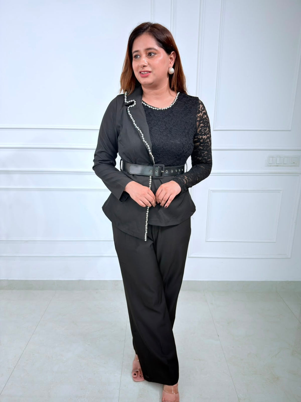 Elara | Lace Panel Belted Blazer Co-ord Set