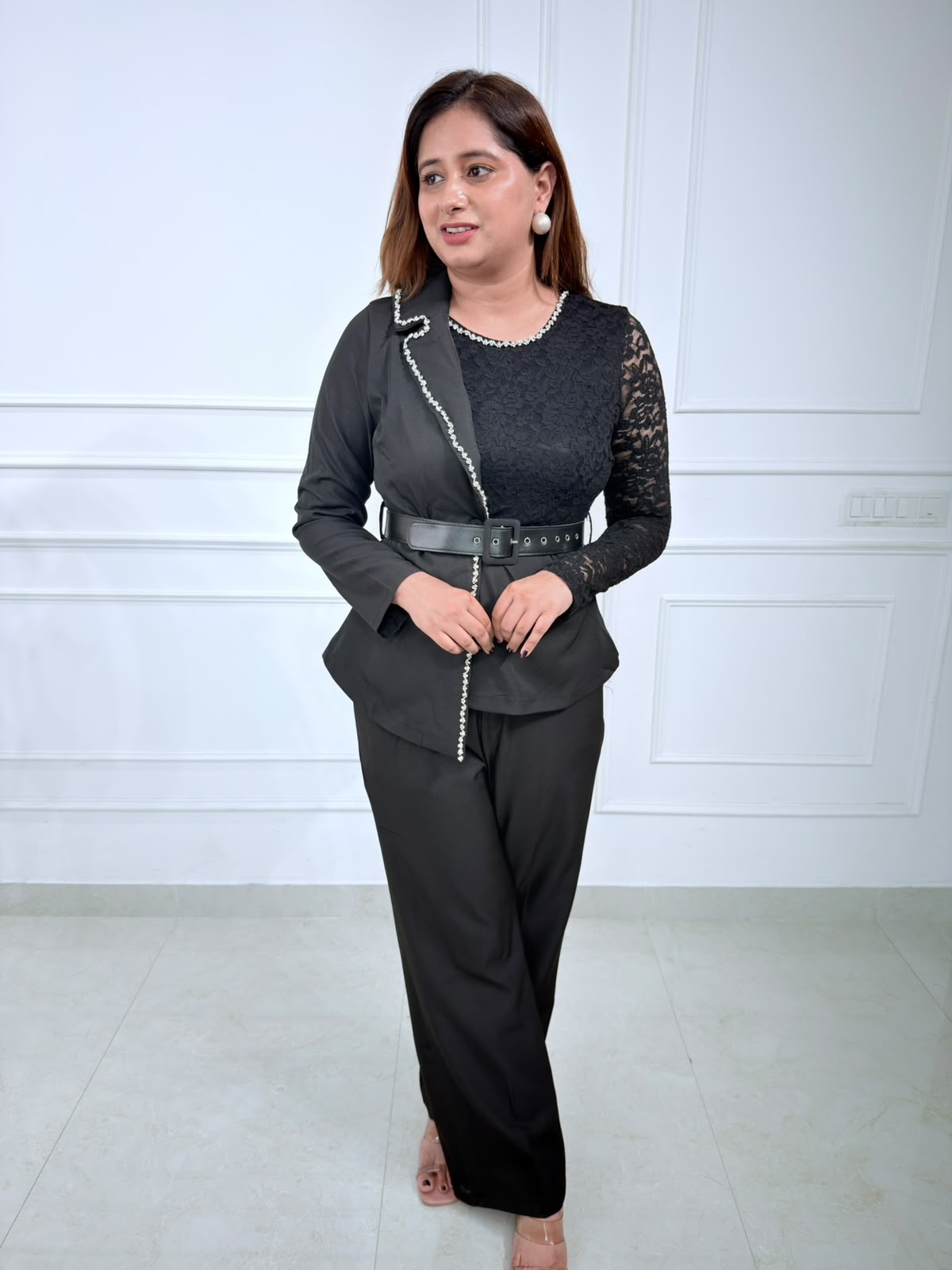Elara | Lace Panel Belted Blazer Co-ord Set