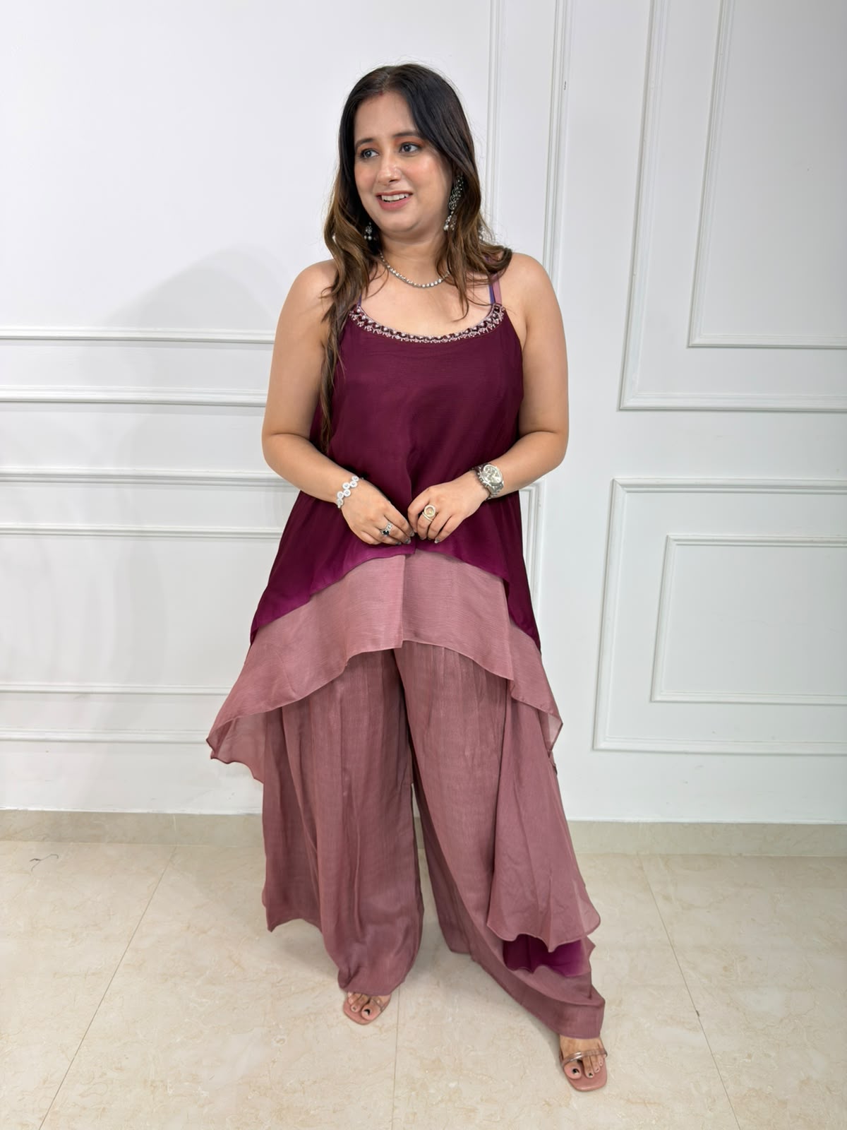 Amora Wine & Blush Layered Co-Ord Set for Women | Premium Designer Asymmetrical Top with Draped Pants | Party & Fusion Wear