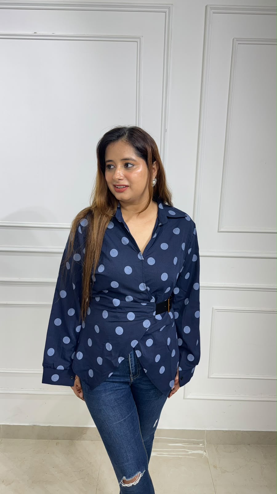 Monroe Polka Dot Wrap Shirt for Women | Premium Asymmetrical Belted Casual Shirt | Smart Casual & Office Wear