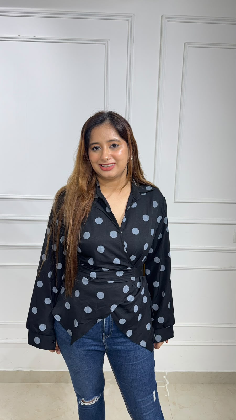 Monroe Polka Dot Wrap Shirt for Women | Premium Asymmetrical Belted Casual Shirt | Smart Casual & Office Wear