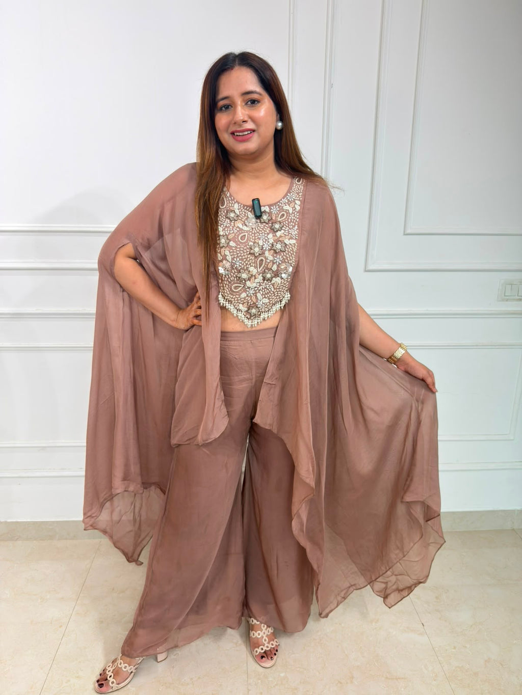 Rosé Aura Cape Co-Ord Set | Embroidered Cape Style Co-Ord Set with Wide-Leg Pants | Premium Occasion Wear