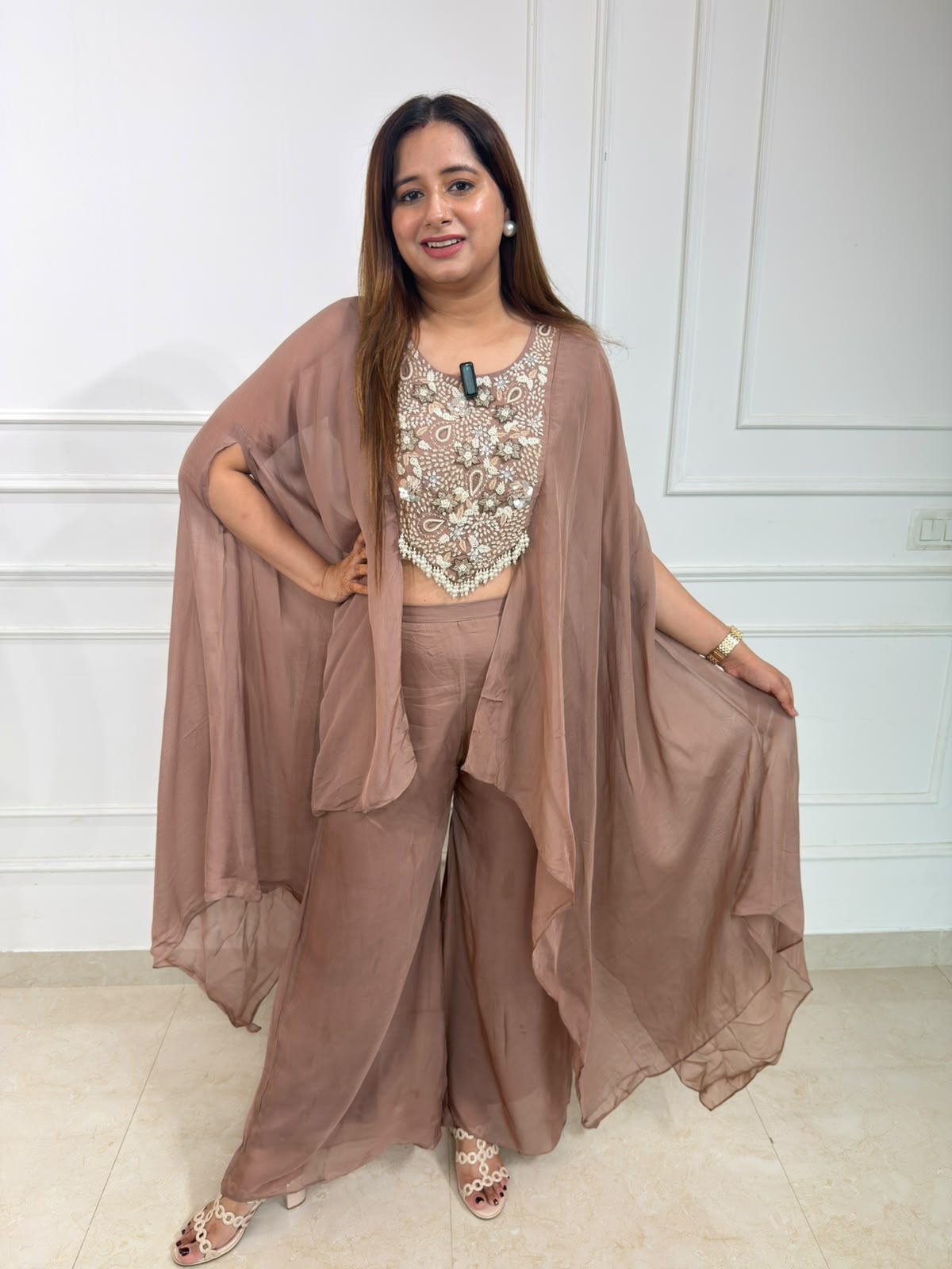 Rosé Aura Cape Co-Ord Set | Embroidered Cape Style Co-Ord Set with Wide-Leg Pants | Premium Occasion Wear