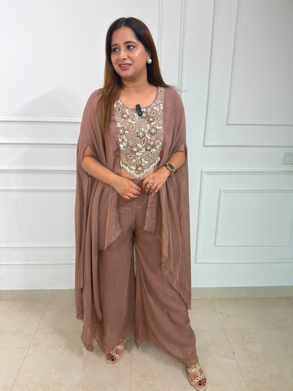 Rosé Aura Cape Co-Ord Set | Embroidered Cape Style Co-Ord Set with Wide-Leg Pants | Premium Occasion Wear