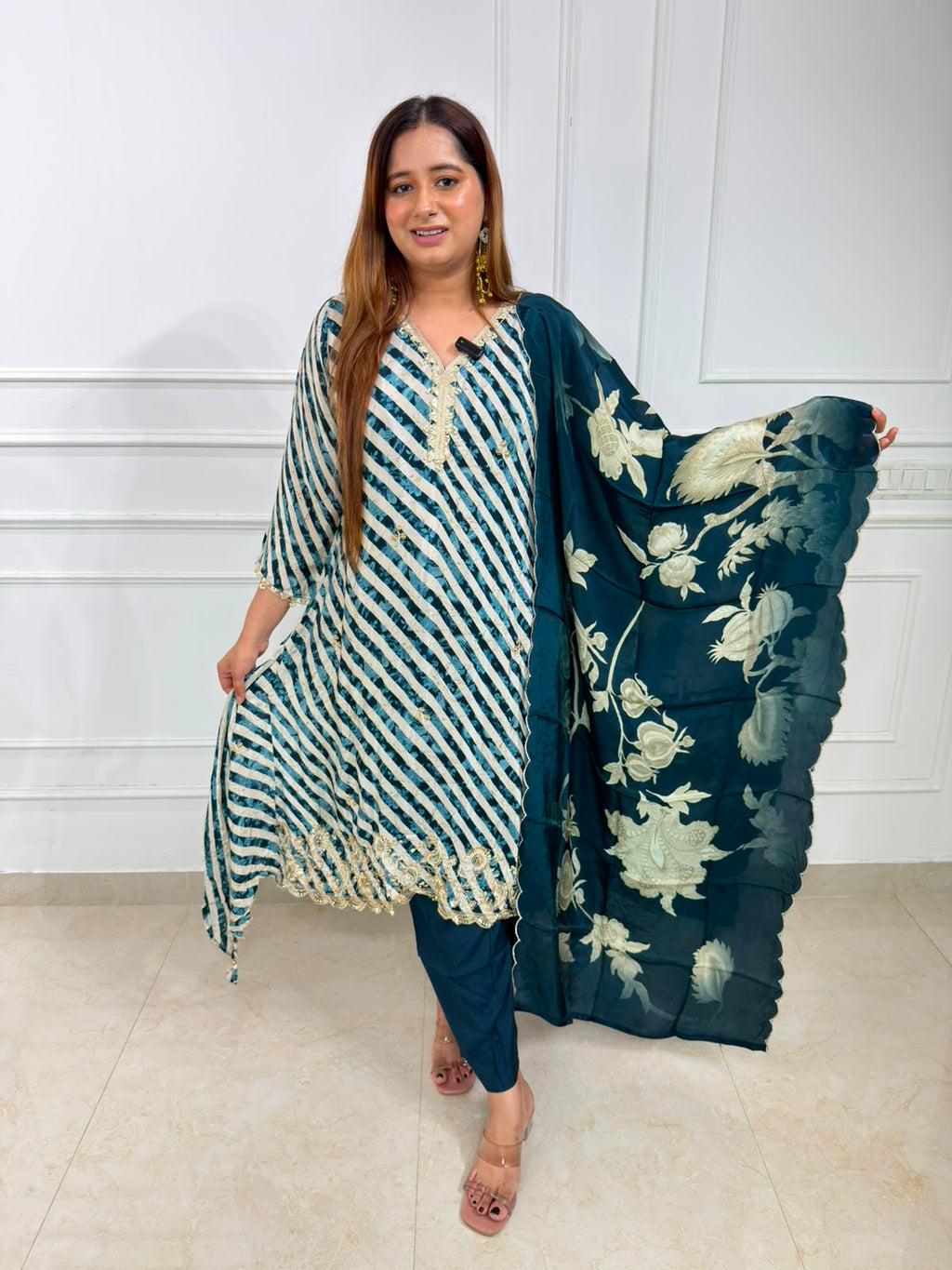 Zephyra | Embroidered Striped Kurta Set with Floral Printed Dupatta