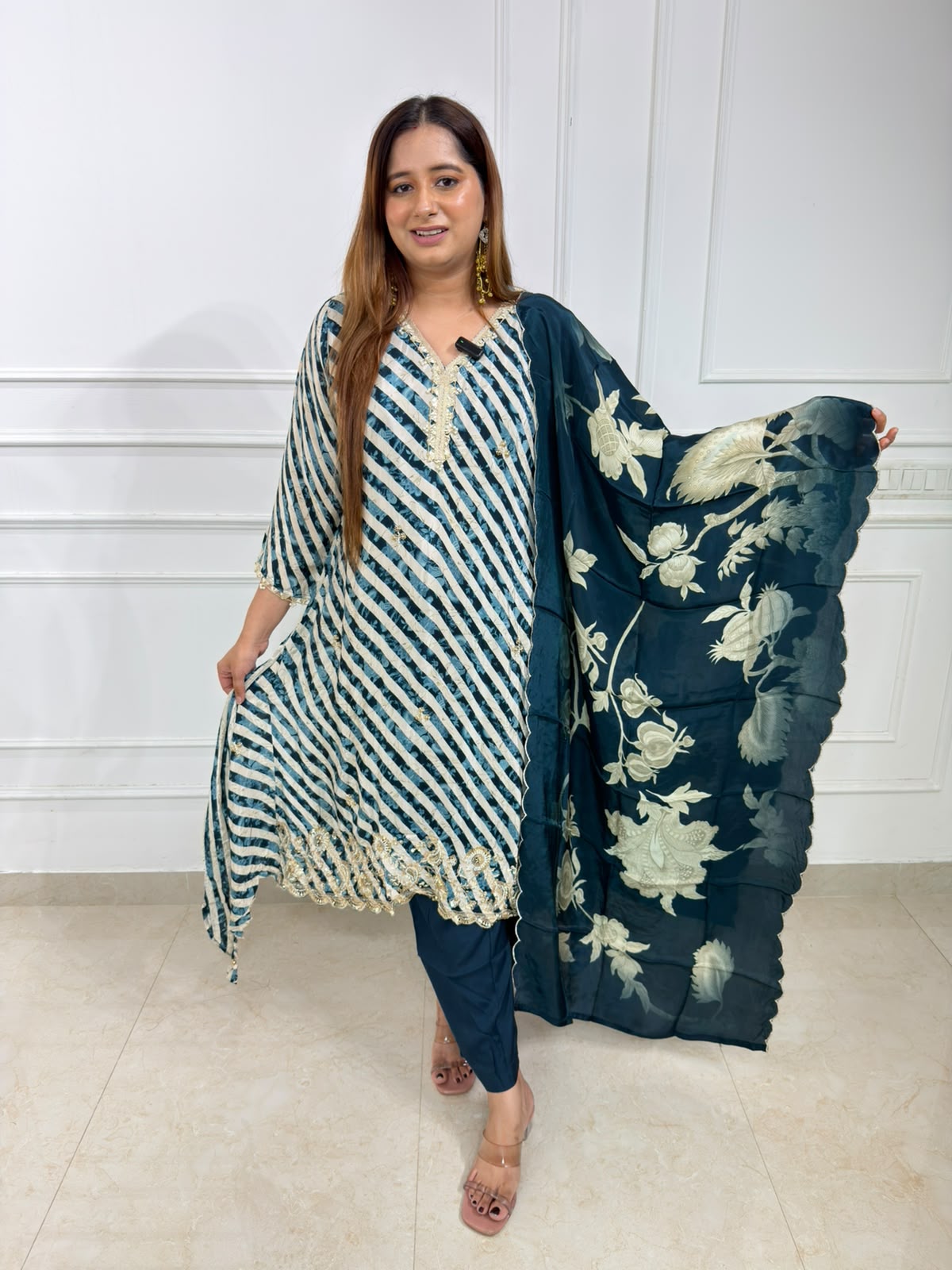 Zephyra | Embroidered Striped Kurta Set with Floral Printed Dupatta