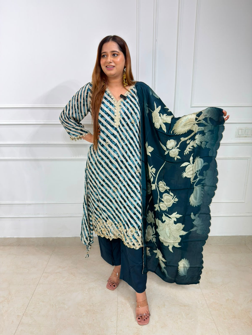 Zephyra | Embroidered Striped Kurta Set with Floral Printed Dupatta