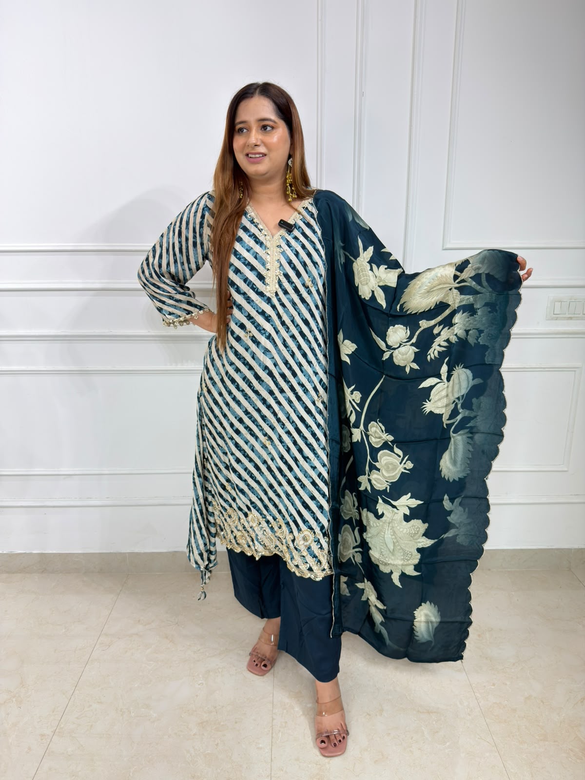 Zephyra | Embroidered Striped Kurta Set with Floral Printed Dupatta