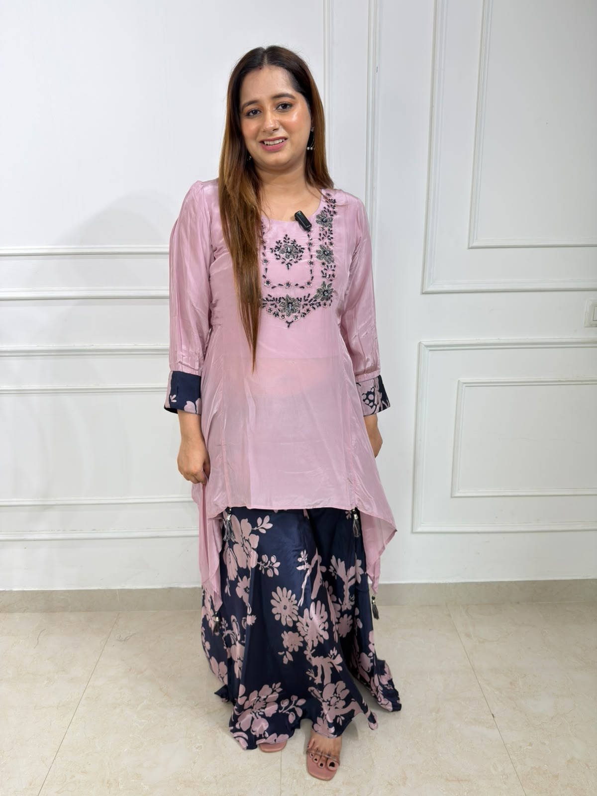 Rosabelle | Embroidered High-Low Kurta with Floral Palazzo Set