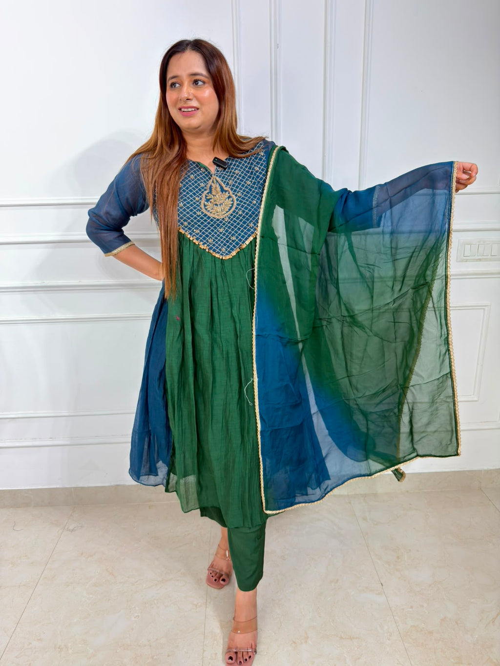 Verdelle | Embroidered Yoke Anarkali Suit Set with Chiffon Dupatta