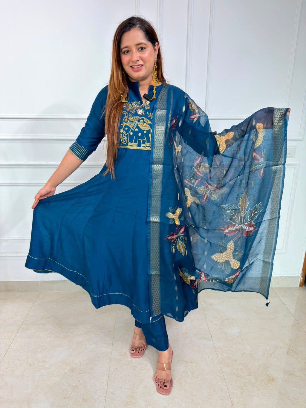 Mayurika | Embroidered Premium Anarkali Suit Set with Printed Dupatta