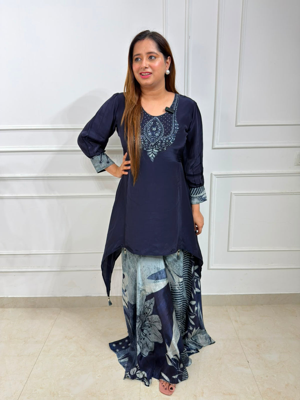 Nayab | Embroidered Handkerchief Kurti with Printed Palazzo Co-ord Set