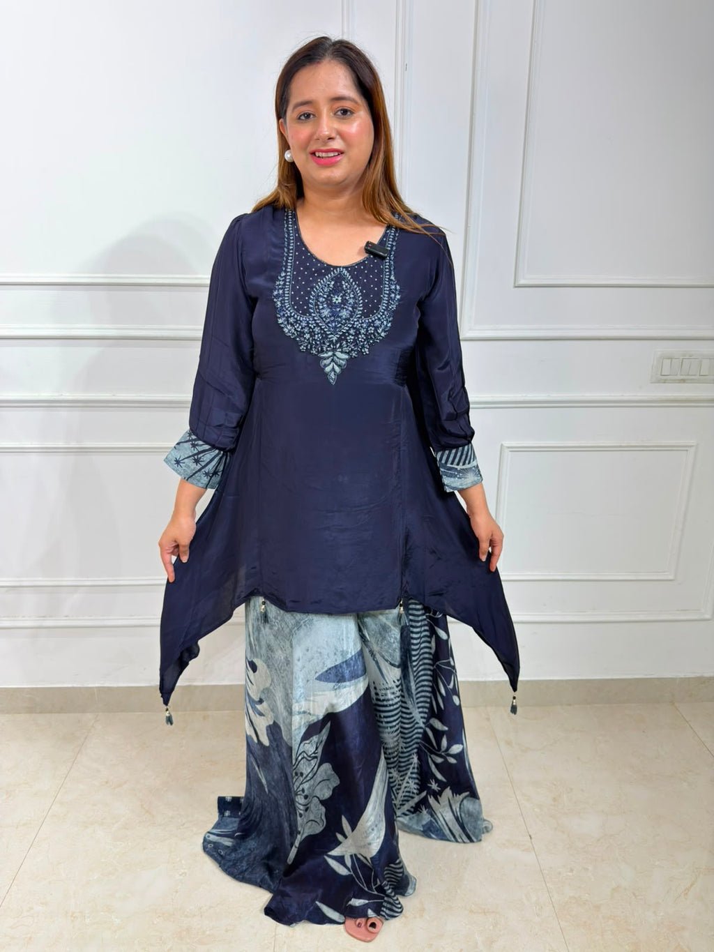 Nayab | Embroidered Handkerchief Kurti with Printed Palazzo Co-ord Set
