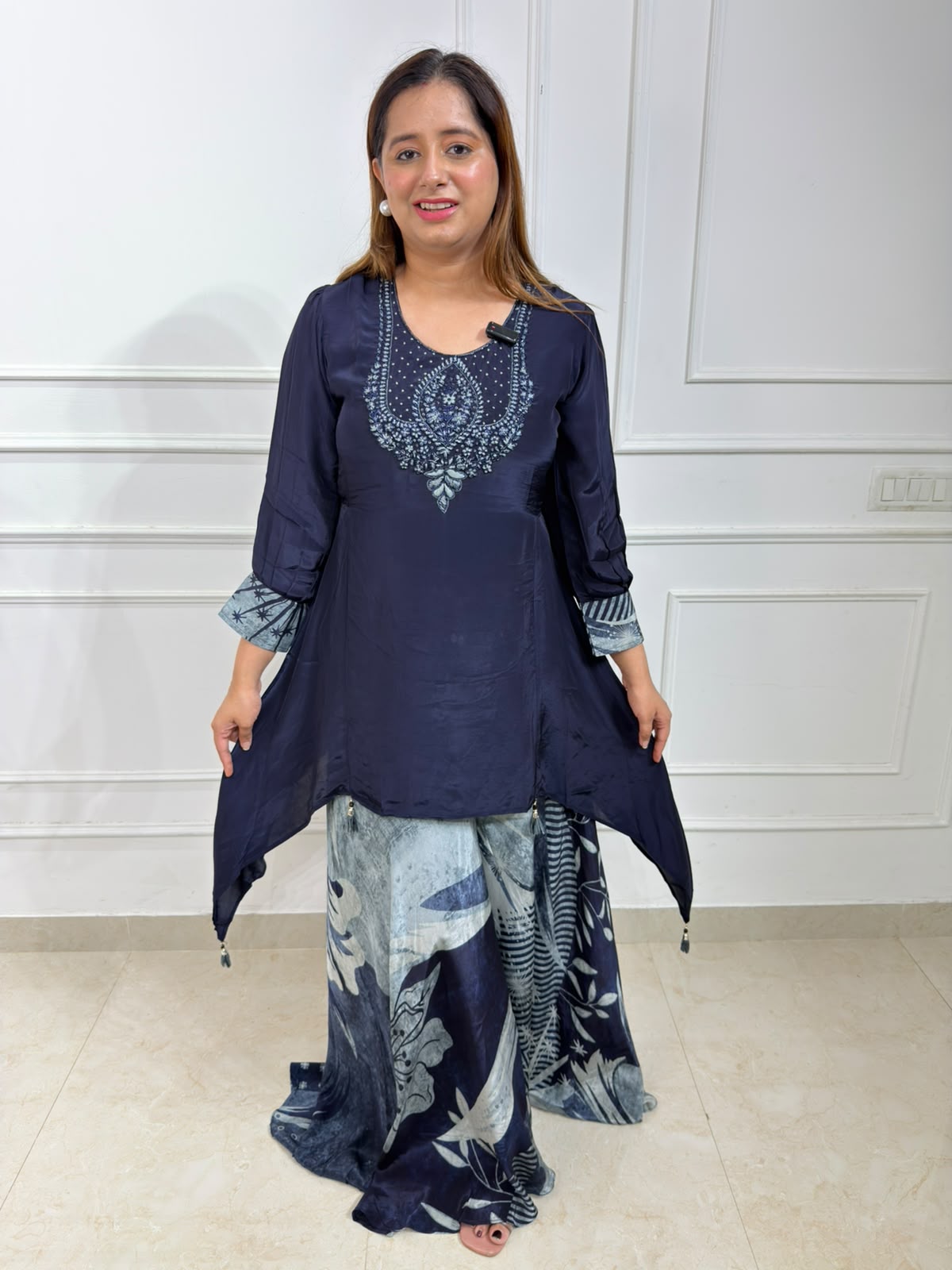Nayab | Embroidered Handkerchief Kurti with Printed Palazzo Co-ord Set