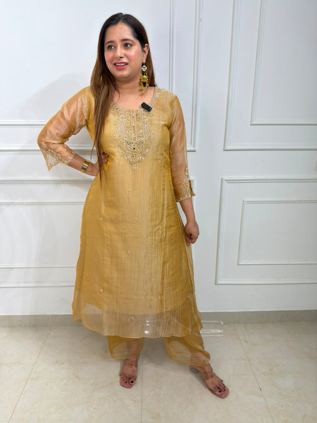 Sunehri | Salsa Fabric Noor Embroidered Tissue Silk Straight Kurta Set