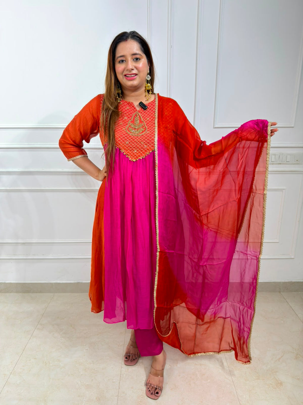 Verdelle | Pink Embroidered Georgette Anarkali Suit Set with Ombre Dupatta