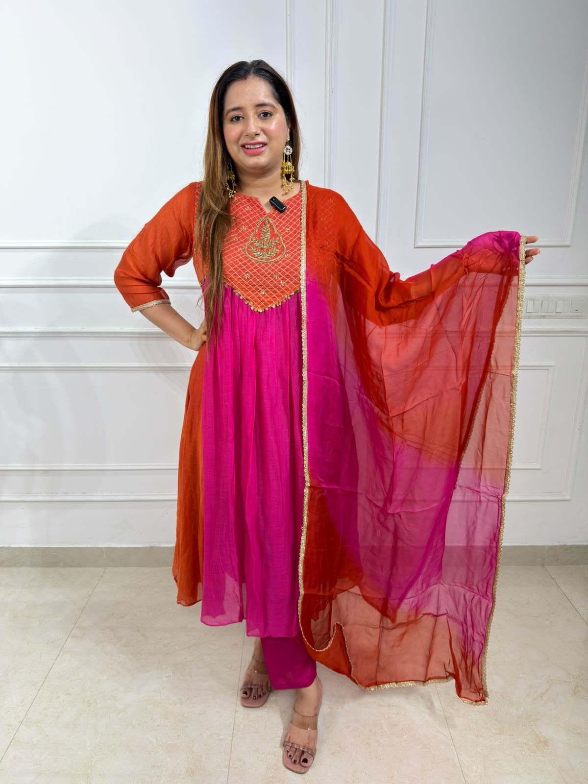 Verdelle | Pink Embroidered Georgette Anarkali Suit Set with Ombre Dupatta
