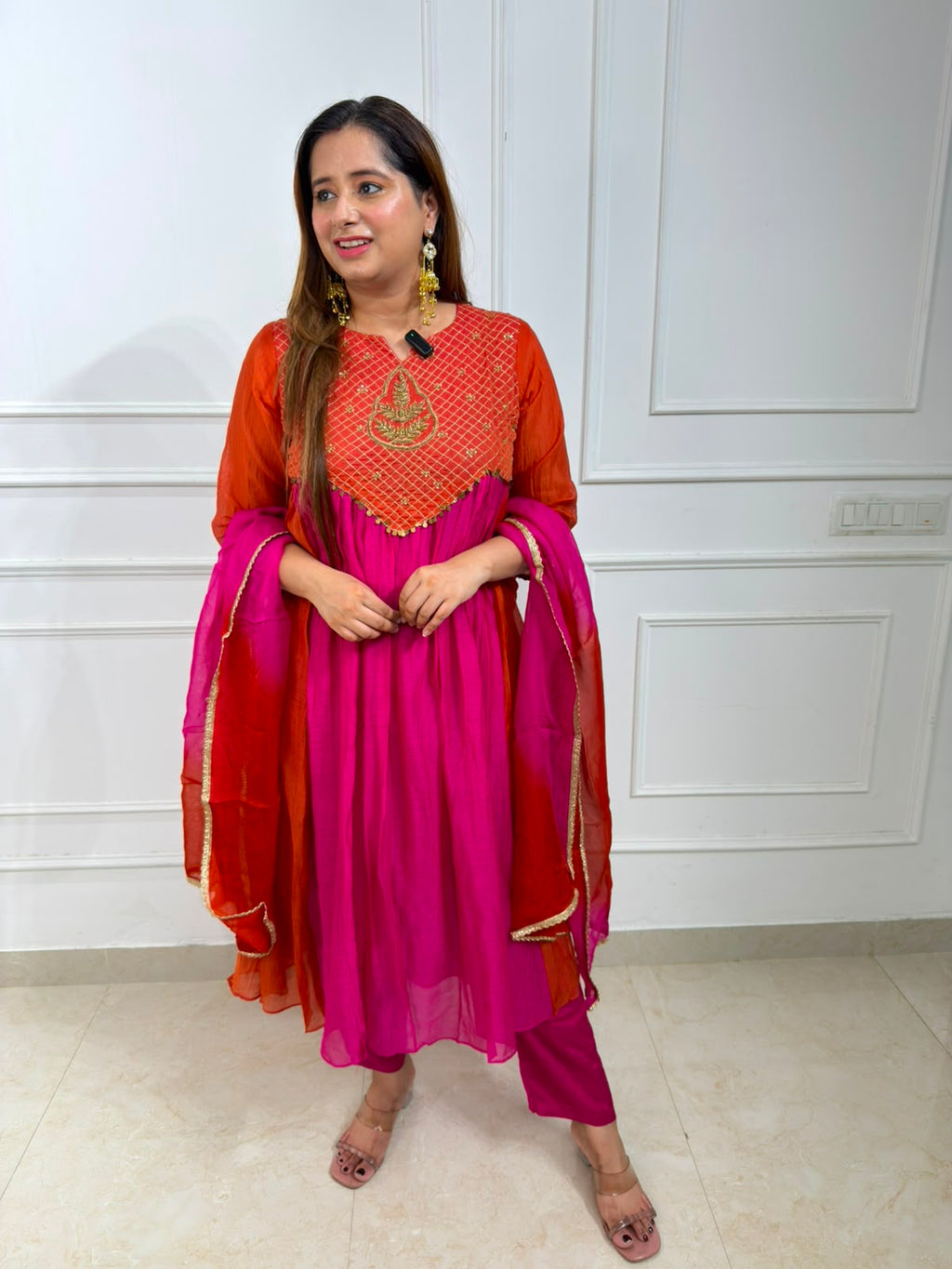 Verdelle | Pink Embroidered Georgette Anarkali Suit Set with Ombre Dupatta