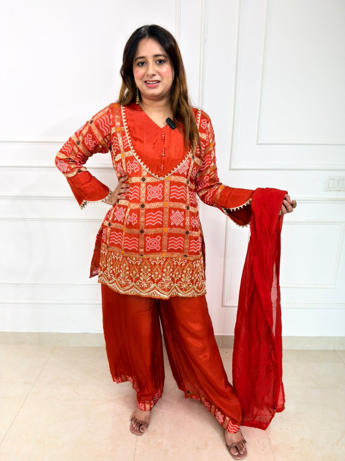 Rashi – Rust Orange Bandhani Printed Kurta Set with Embroidered Detailing &
