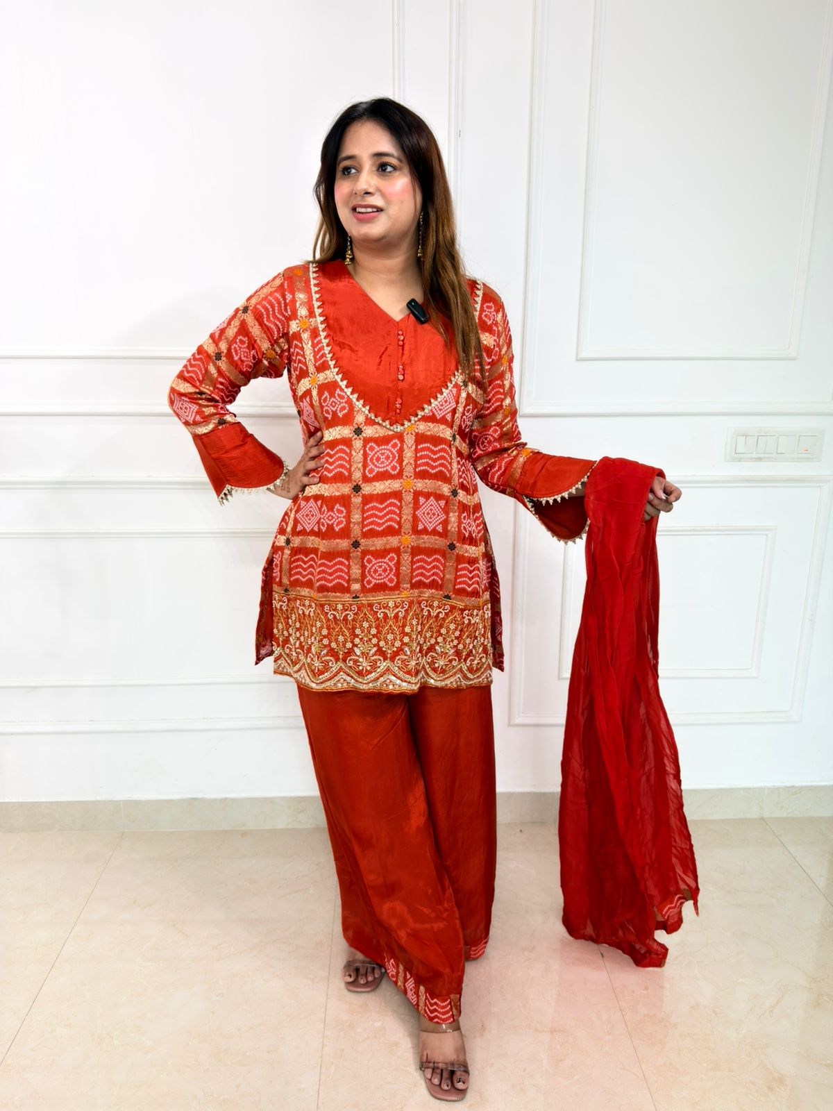 Rashi – Rust Orange Bandhani Printed Kurta Set with Embroidered Detailing &