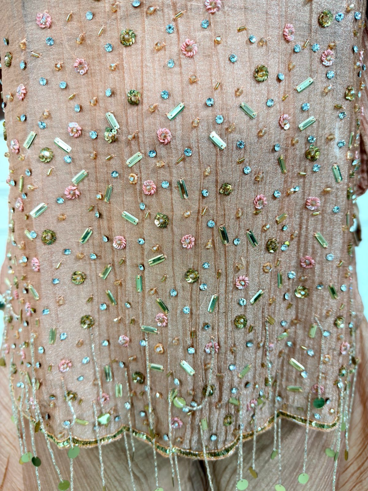 Elara – Peach Embellished Co-Ord Set with Flared Palazzo Pants