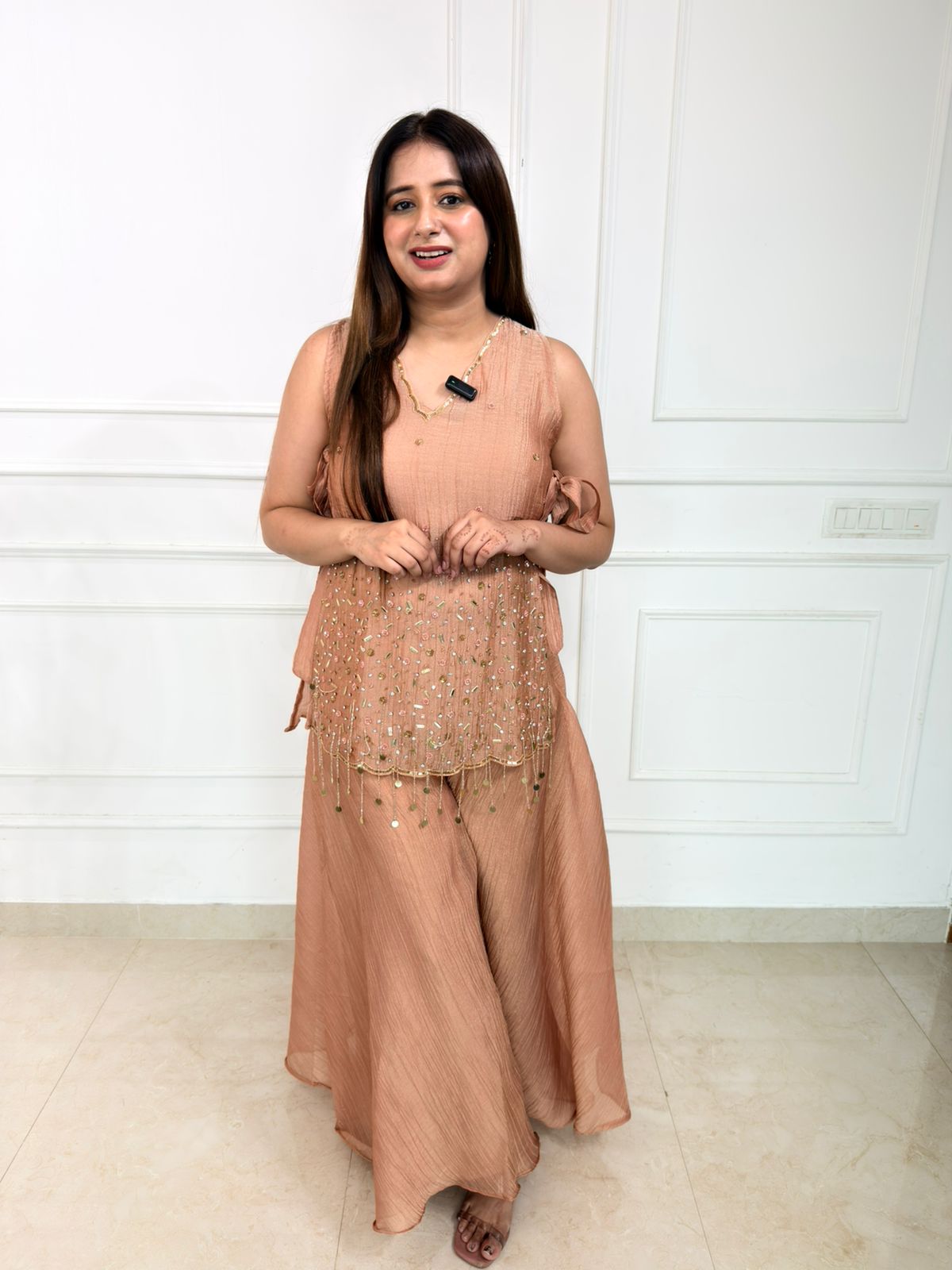 Elara – Peach Embellished Co-Ord Set with Flared Palazzo Pants