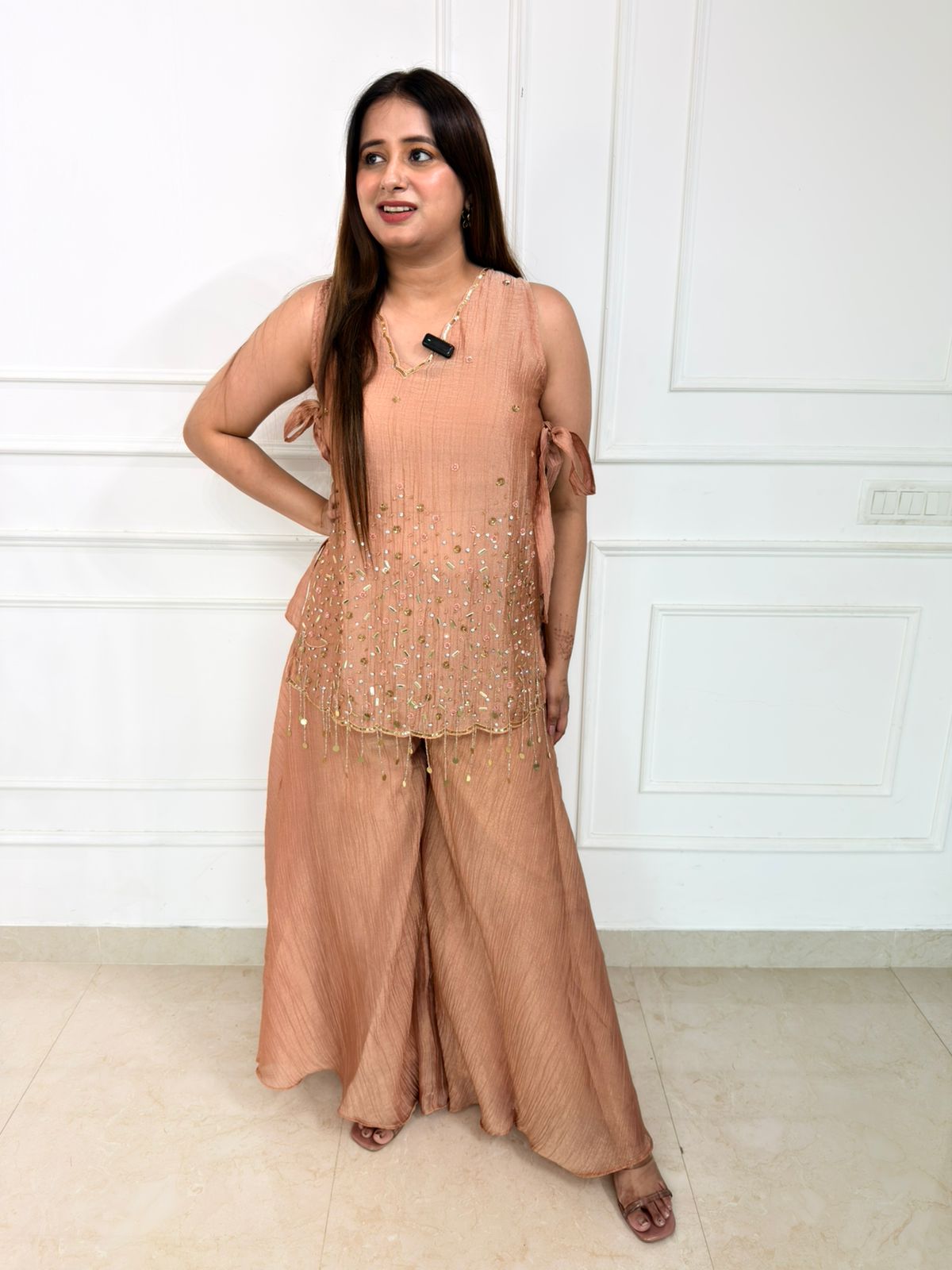 Elara – Peach Embellished Co-Ord Set with Flared Palazzo Pants