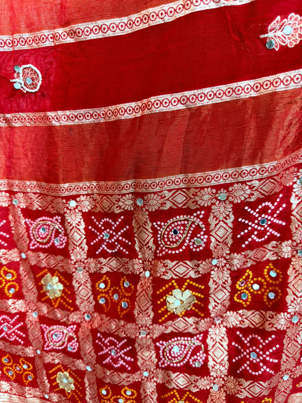 Meher – Crimson Red & Rust Printed Saree with Zari Stripes & Embroidered Motifs
