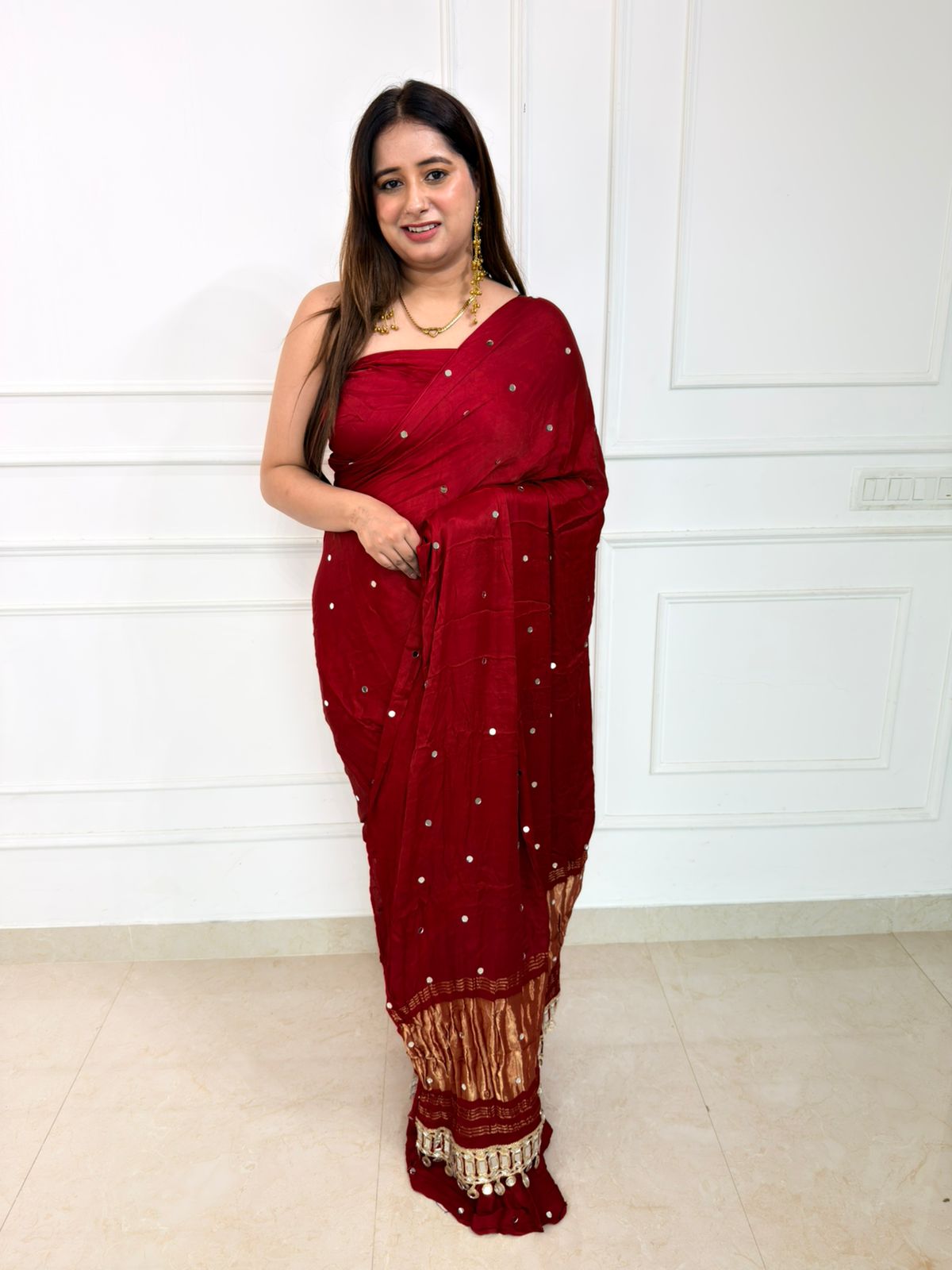 Riva – Deep Crimson Saree with Delicate Sequin Butti & Scalloped Border