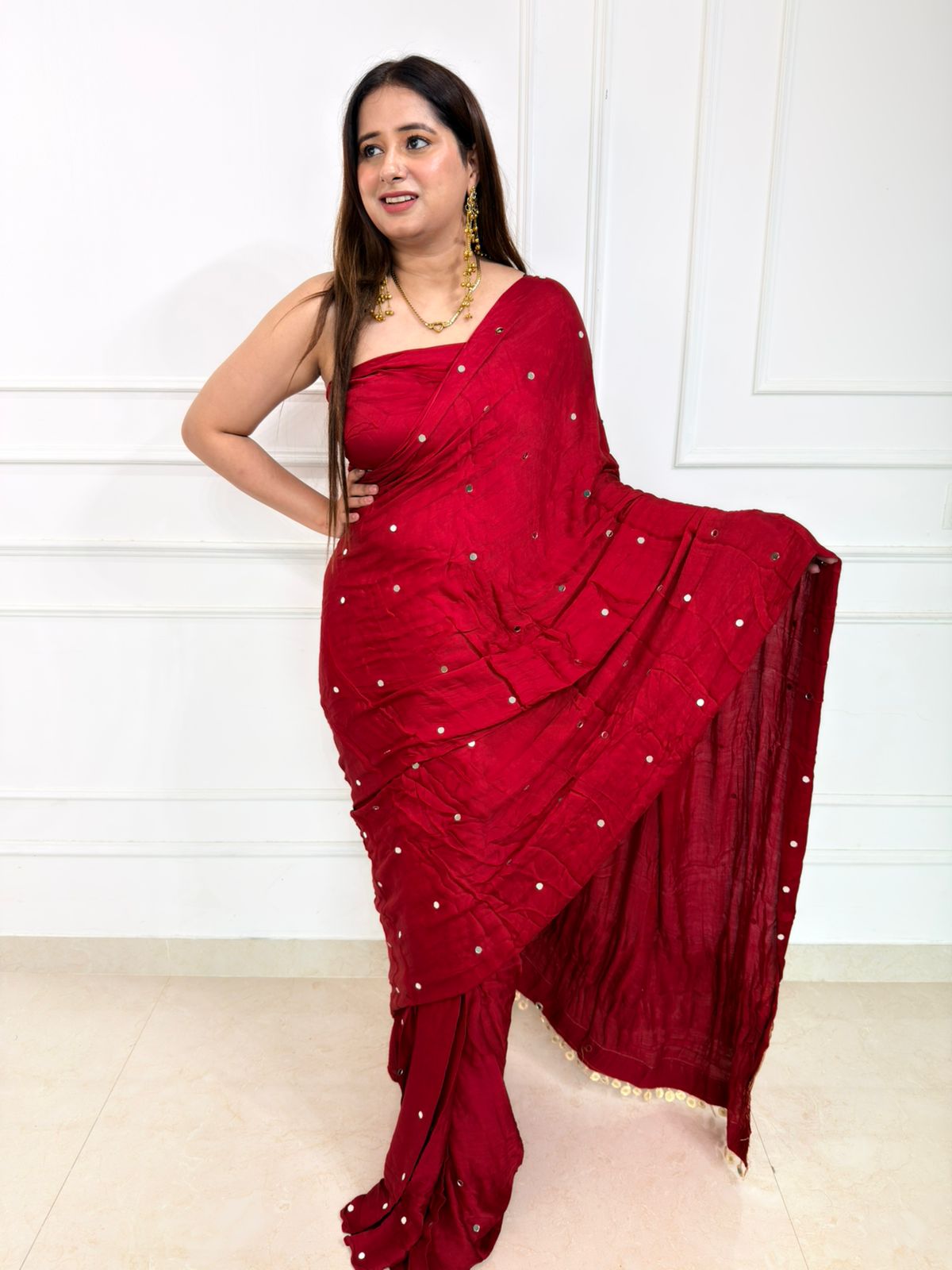 Riva – Deep Crimson Saree with Delicate Sequin Butti & Scalloped Border