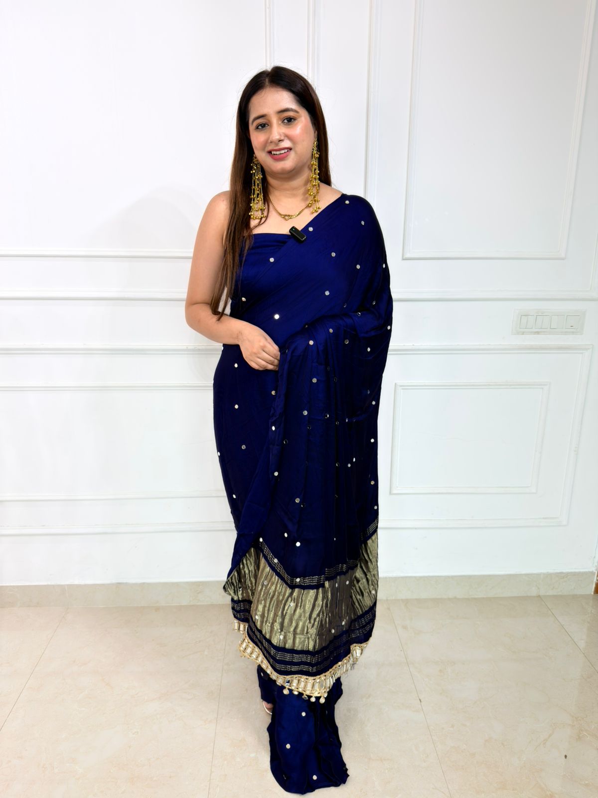 Noor – Midnight Blue Chanderi Saree with Delicate Sequin Butti & Zari Border