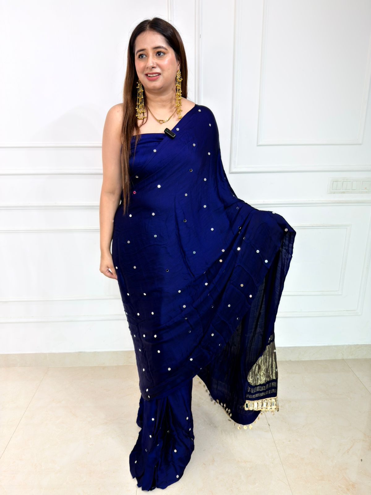 Noor – Midnight Blue Chanderi Saree with Delicate Sequin Butti & Zari Border
