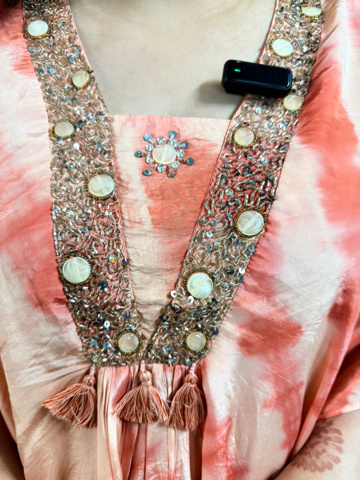 Inaya – Peach Tie-Dye Kaftan Coord Set with Embellished Neckline