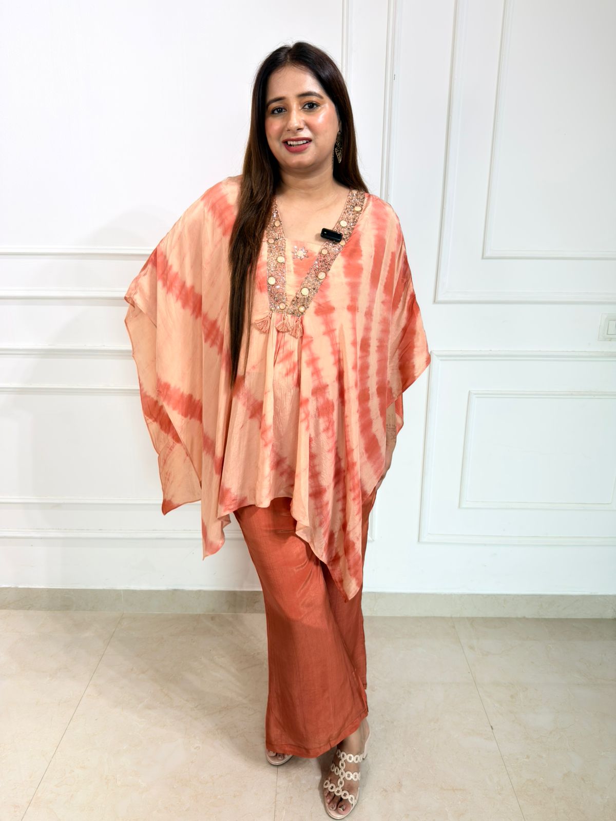 Inaya – Peach Tie-Dye Kaftan Coord Set with Embellished Neckline