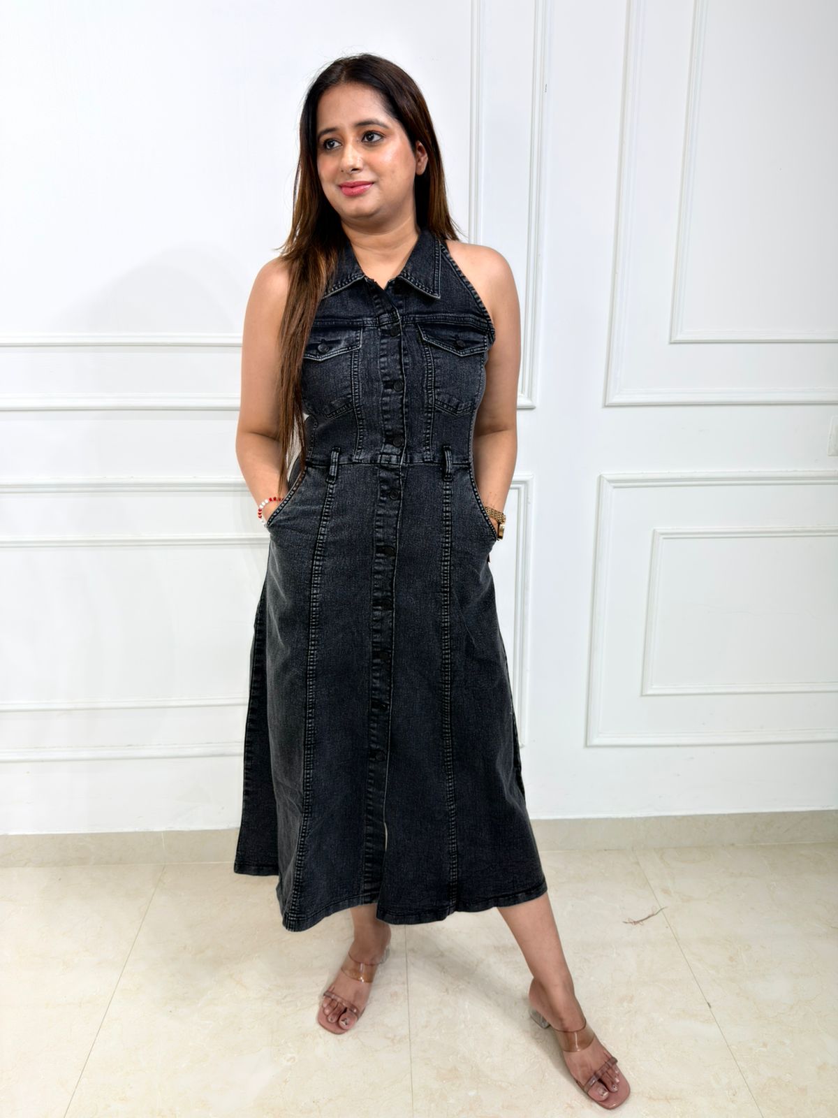 Veyra – Premium Black Denim Shirt Dress