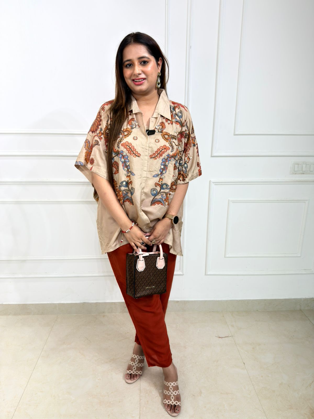 Aveline – Printed Beige Oversized Shirt & Rust Pants Co-Ord Set