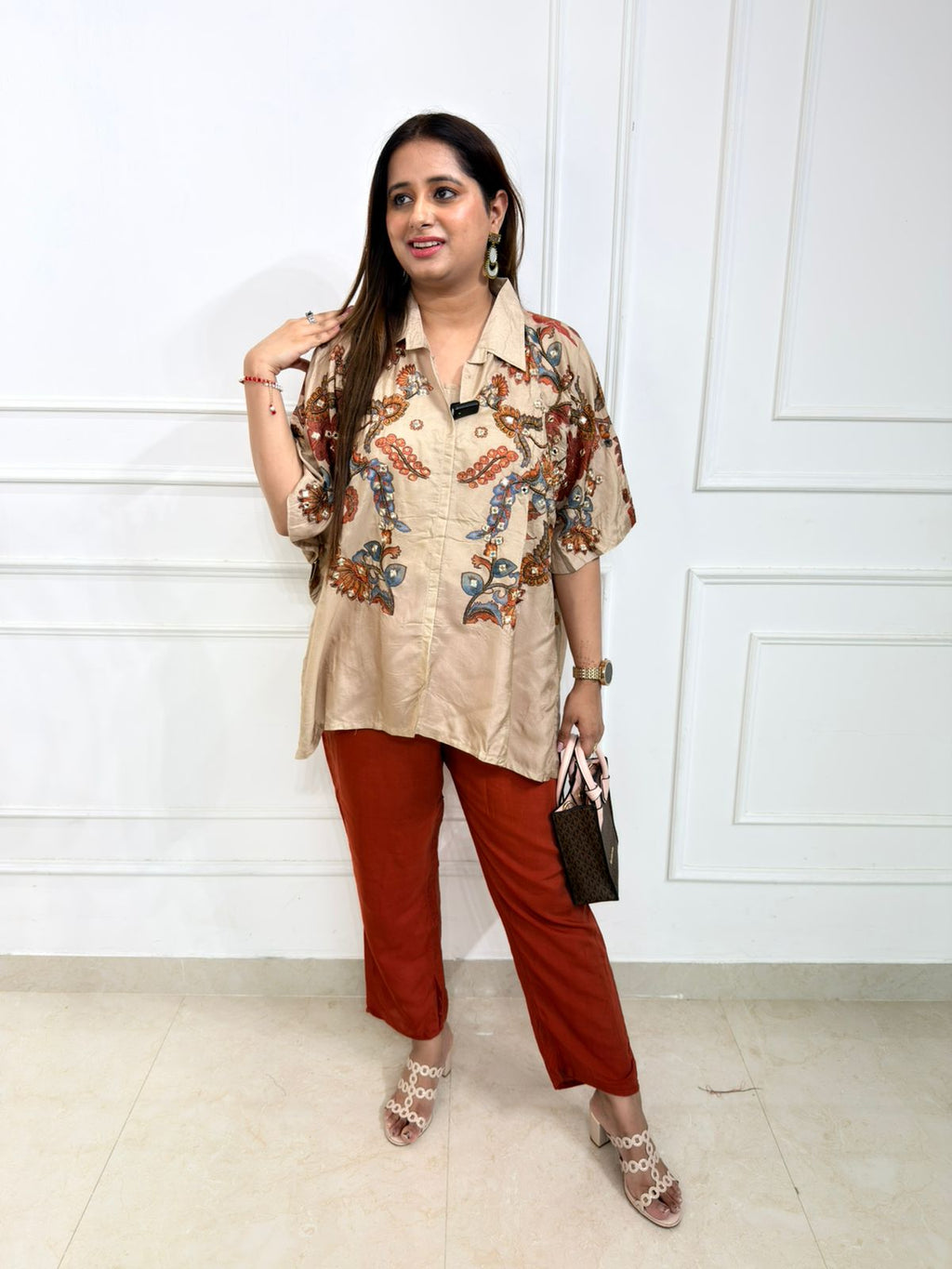 Aveline – Printed Beige Oversized Shirt & Rust Pants Co-Ord Set